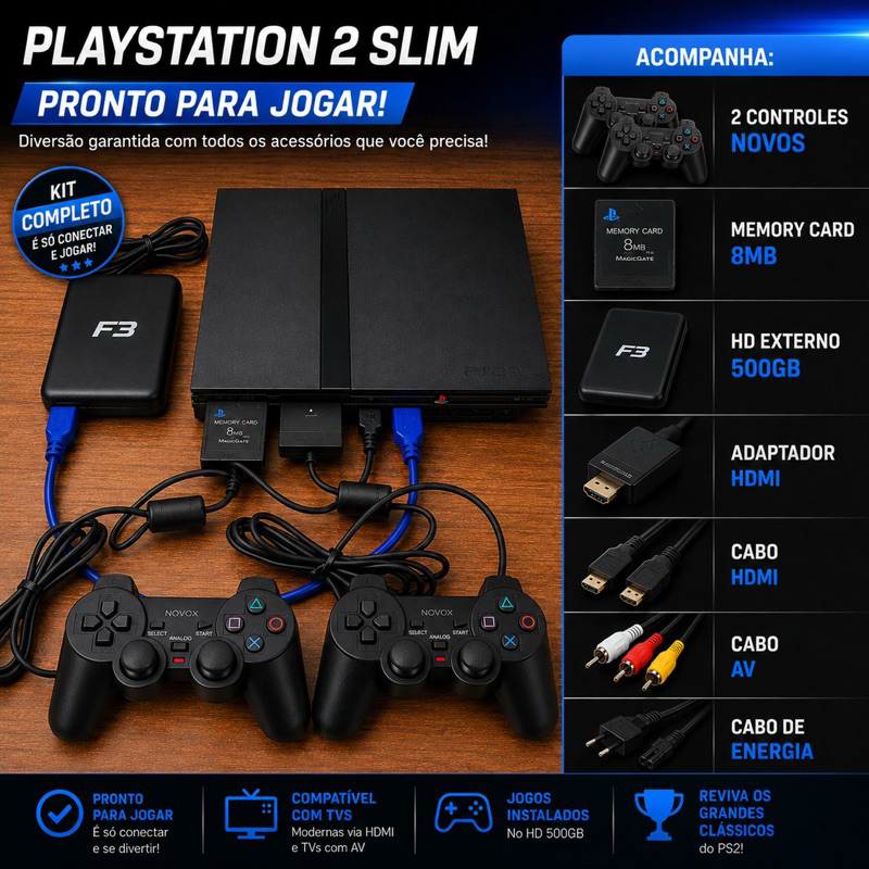 Ps2 slim Opl 500 Gb + 2 controles com fio + de 2400 Jogos + Memory card