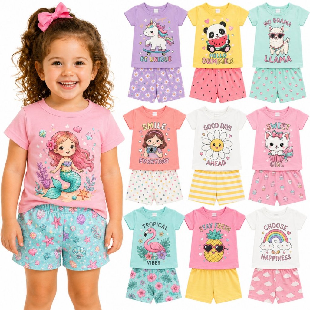 Kit Sortido 2 ou 4 Peças Roupa Infantil Bebê Menina Verão Conjunto Bebê Infantil Feminino Conjuntos Manga Curta Sortidos