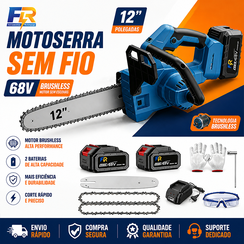 Motosserra Sem Fio Brushless 12 Polegadas 68V 1500W Alta Potência com 2 Baterias para Corte de Madeira