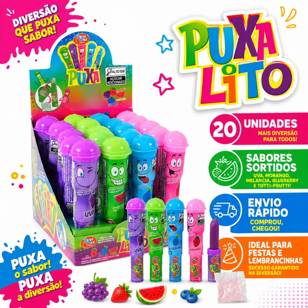 Puxa Lito Pirulito Com Tampa + Pózinho Azedo Sem Gluten Sabor Morango Uva Blueberry Melancia C/20UN (PROMOÇÃO!!!!)