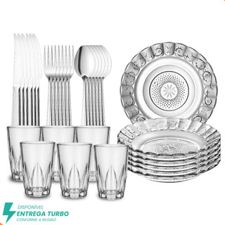 Aparelho de Jantar 30 Peças - Pratos Fundos, Copos 240ml e Talheres Inox