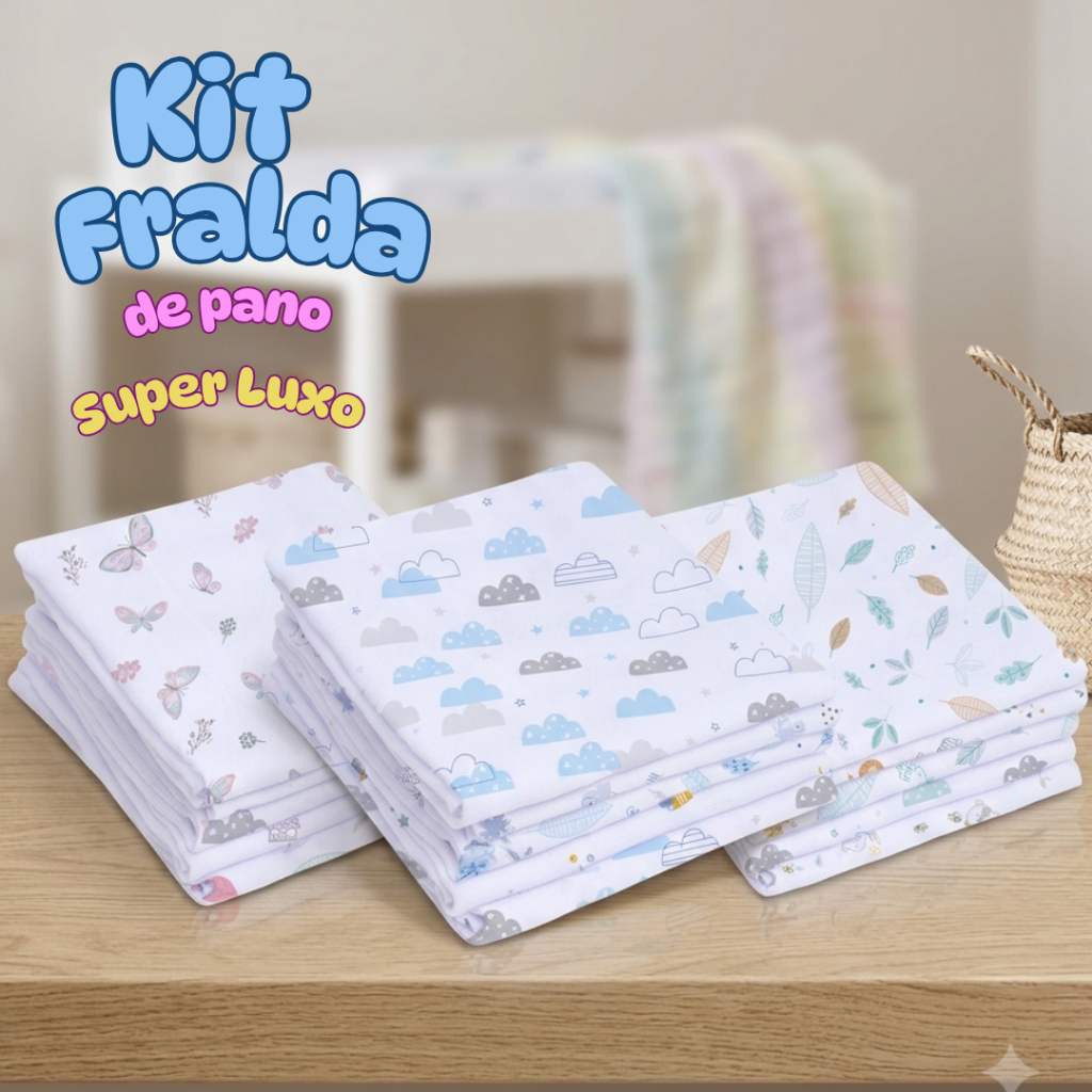 Kit 05 Fraldas de Pano Bebê Super Luxo Mami com Bainha Estampada 100% algodão Grande 70x70 cm