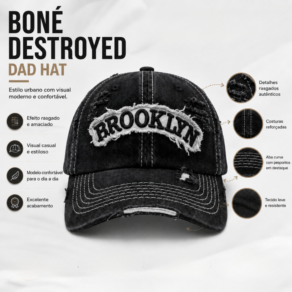 Boné Brooklyn Ny New York Destroyed Rasgado Lavado Estonado Perfumado Boné Masculino Feminino Lançamento Fitão Ajustável — imagem 2 de 2