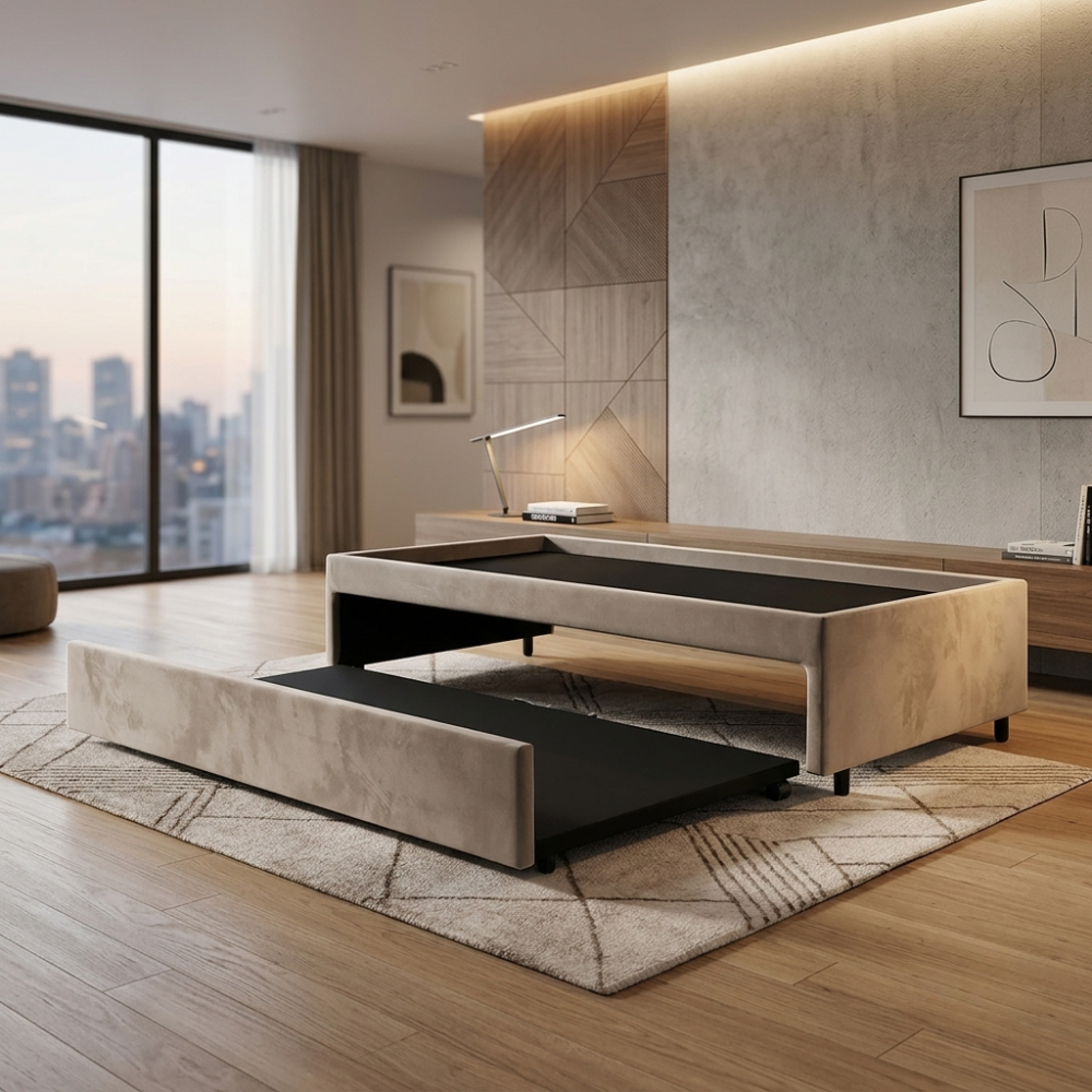 Bicama Box para Dois Colchões Solteiro Suede Bege 88x188