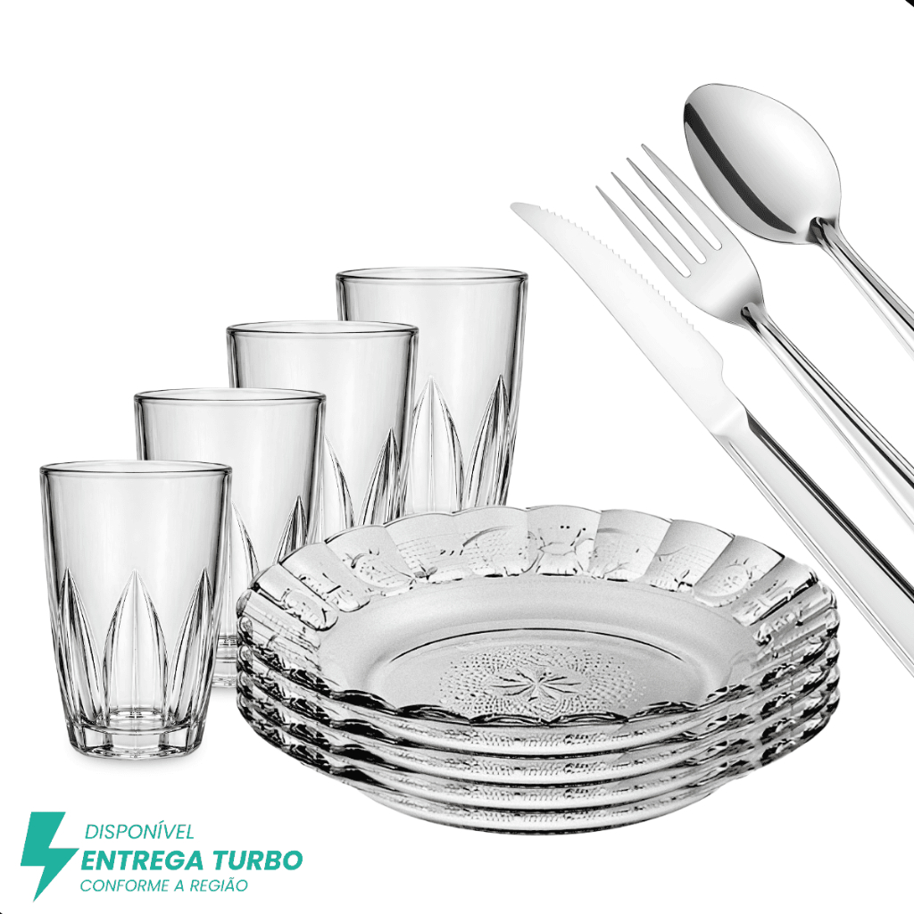 Aparelho de Jantar 20 Peças em Vidro e Inox - Pratos, Copos e Talheres - Conjunto Mesa Posta