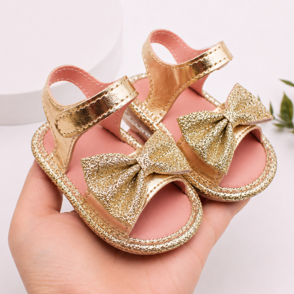Sandália Bebê Menina Velcro Laço Glitter Premium Antiderrapante Primeiros Passos Festa Batizado Infantil Aniversário