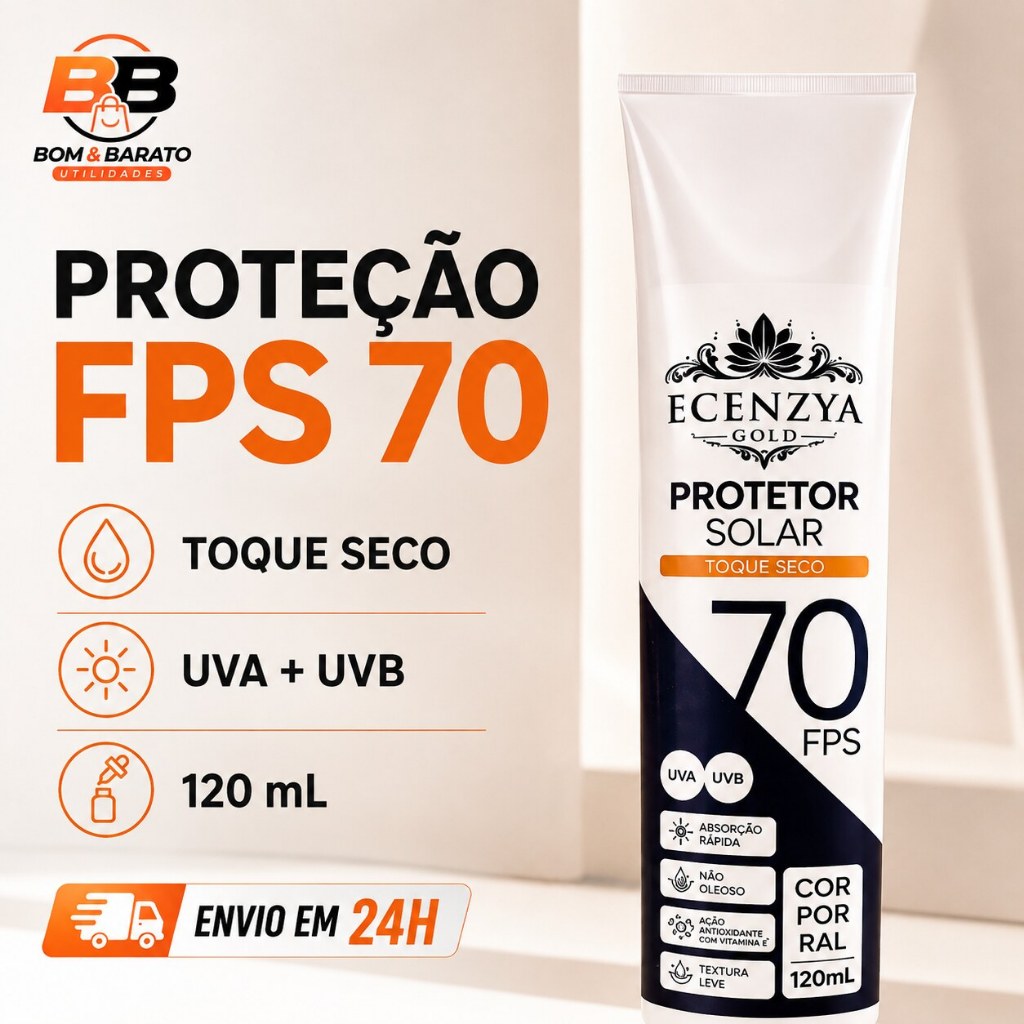 Protetor Solar FPS 70 Ecenzya Gold 120ml Toque Seco UVA UVB Original