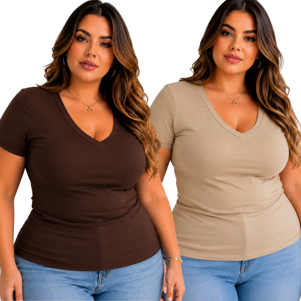 kit 2 Blusas Plus Size Feminina Viscolycra Lisa Gola V G1 G2 G3 Marrom Basica Branca Confortável