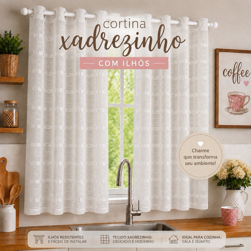 Cortina Voil xadrez 2,00x1,20 Para Cozinha e Sala Quarto