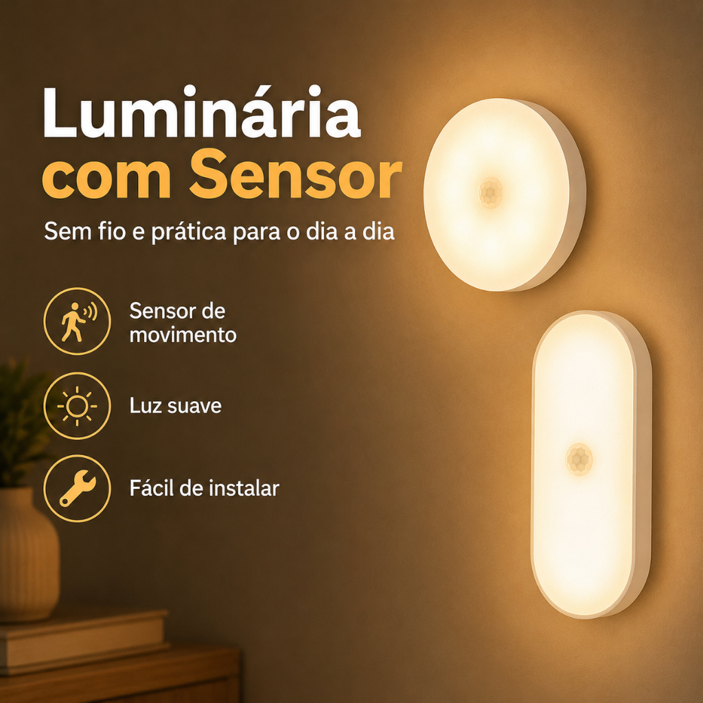 Luminária LED Sem Fio com Sensor de Presença Recarregável Luz Quente e Fria