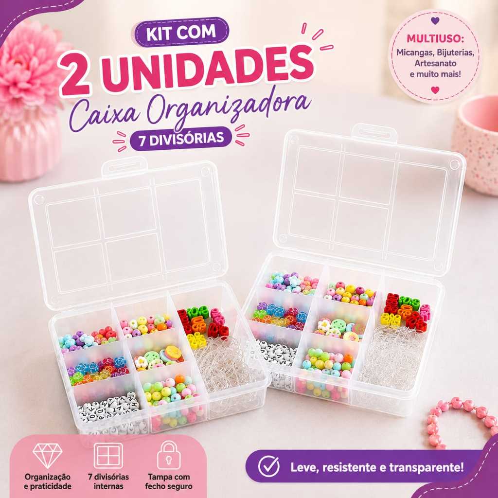Kit Com 2 Organizador Caixa Organizadora 7 Divisorias Com Tampa Trava Segura Miçangas Caixa Organizadora