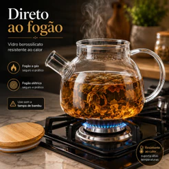 Chaleira de Vidro que Vai ao Fogo 1L Infusor Aço Inox Tampa Bambu Bule Borossilicato Chá e Café Pratitudo Essencial