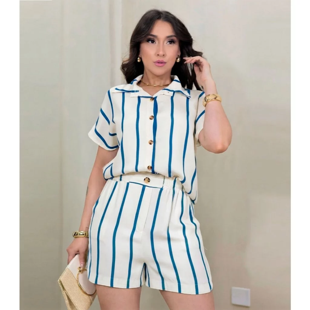 Conjunto Camisa e Short Listrado: Estilo Casual Chic Sofisticado — imagem 1
