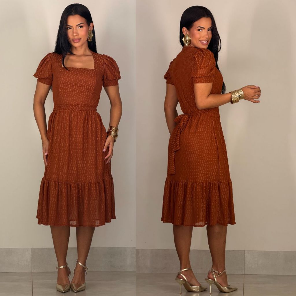 Vestido Mídi Tule Premium Forrado Manga Curta com Cinto Babado Elegante Festa Social Moda Evangélica Debutante