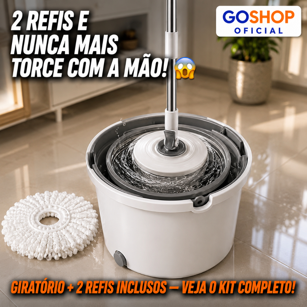 Mop Giratório 360° Balde 13L 2 Refis Algodão Cabo 1,15m Separador Água Limpa Faxina Branco