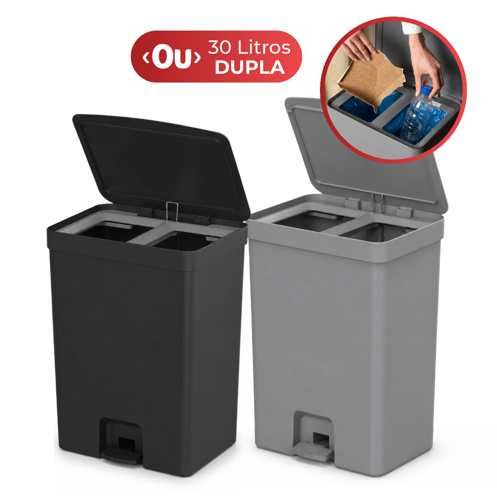 Lixeira para Cozinha 30L de Pedal Duplo Compartimento Linha Trium lixeira banhei