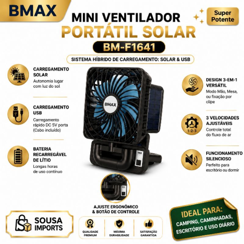 VENTILADOR DOBRÁVEL VENTO FORTE 9W CARREGAMENTO SOLAR E USB CASA E CARRO 3 VELOCIDADES ADESIVO FIXAÇÃO BMAX F1641
