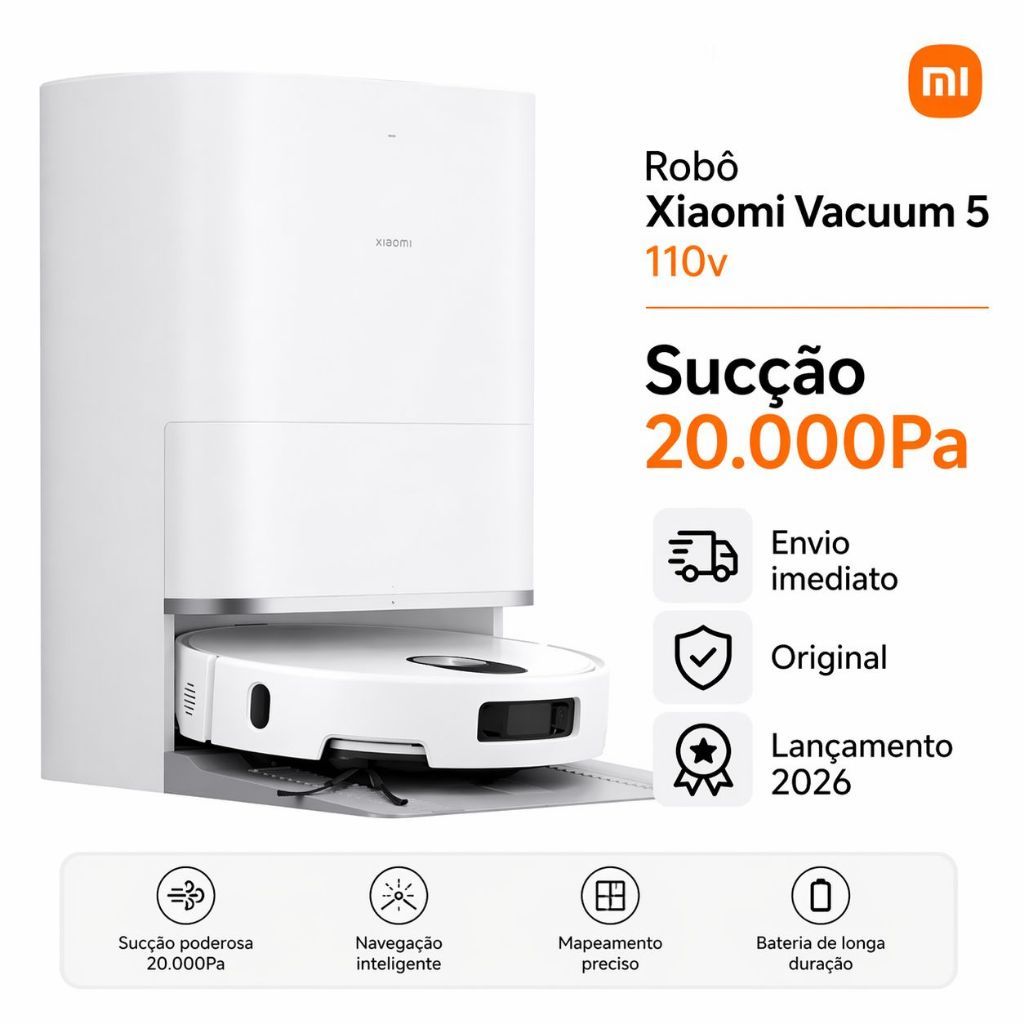 Xiaomi Robot Vacuum 5 Aspirador Robô 20000Pa Inteligente Mapeamento Laser Base A