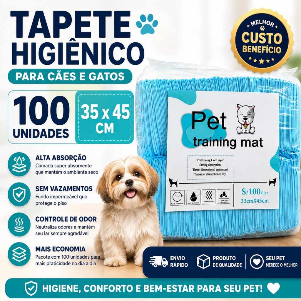 Tapete Higiênico Descartável Cães e Gatos 35x45cm 100 unidades RAÇA PEQUENA Sem adesivo Passeio PET