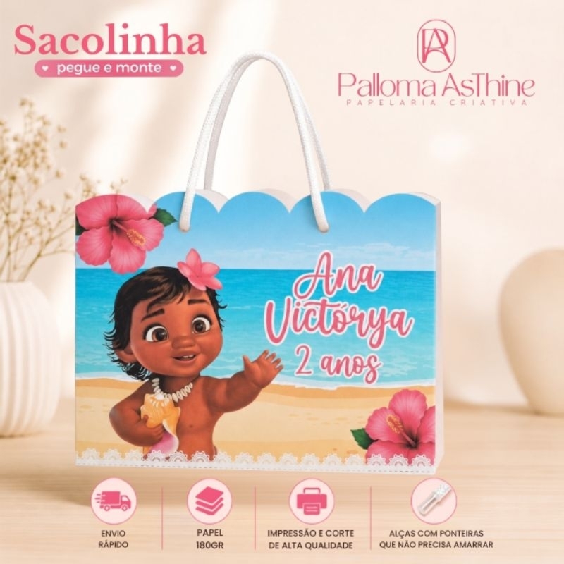 Sacolinha pegue/monte moana baby lembrancinha personalizada aniversário 20x15x7cm