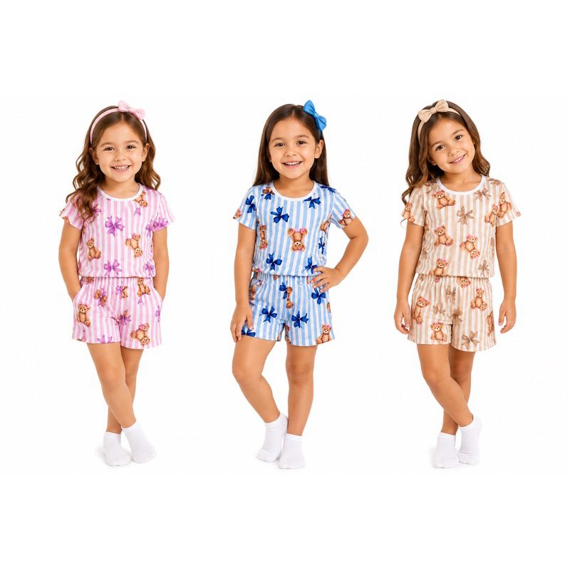 Pijama Infantil Feminino Verão 100% Poliéster Estampado Conjunto Short e Blusa Cores Sortidas
