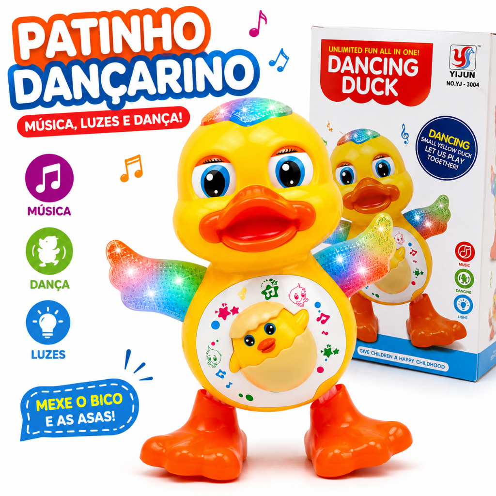 Pato Patinho Dançante Brinquedo Musical Infantil com Luz e Som Anda Mexe Interativo
