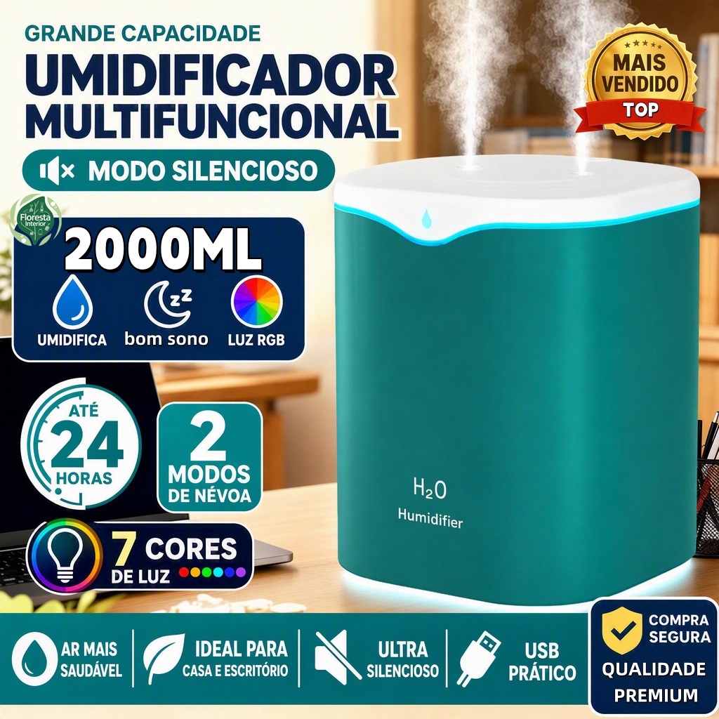 Umidificador Grande 2 Litros Saída Dupla Luzes LED's Coloridas Silencioso Aromatizador