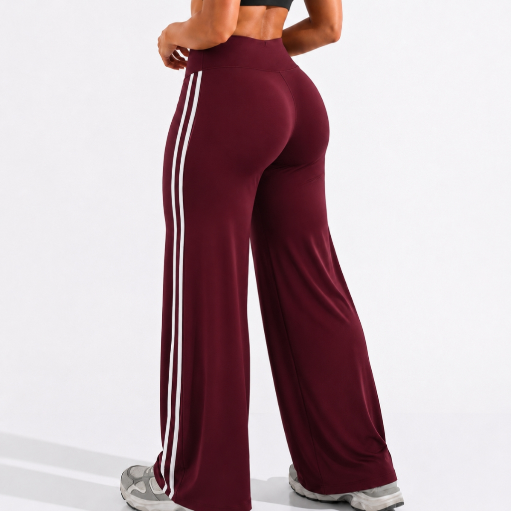 Calça Feminina Com Listras Laterais Wide Leg Cintura Alta Treino Academia Yoga Pantalona Confortável Tecido Premium