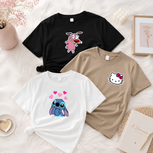 Kit 3 Camisetas Femininas Estampadas 100% Algodão Personagens Tendência Moda Fofo