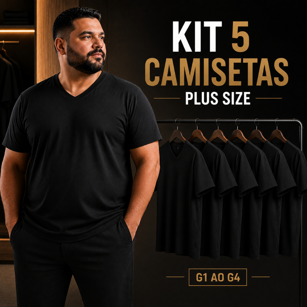 Kit Camiseta Plus Size Masculina Preta 5 Unidades G1 - G2 - G3 - G4 Camisa Algodão Gola V Premium