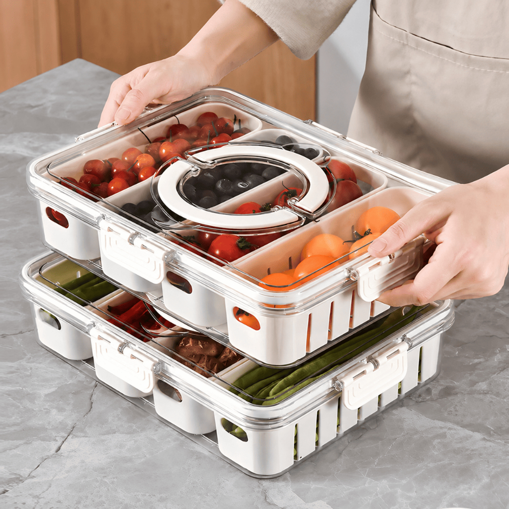 Caixa Organizadora de Alimentos Transparente Geladeira Empilhável Multiuso com Divisórias