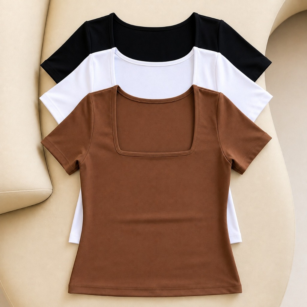 Blusa Feminina Baby Look Manga Curta Decote Quadrado Gola Quadrada Básica Casual Versátil Blogueira