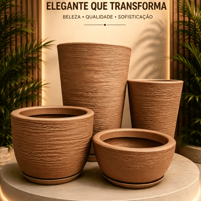 Kit 4 Vasos Polietileno Texturizados Planta, Flor, Jardim, Coluna Redonda N1 N2+ Bojo N1+Bacia N1 com Pratos