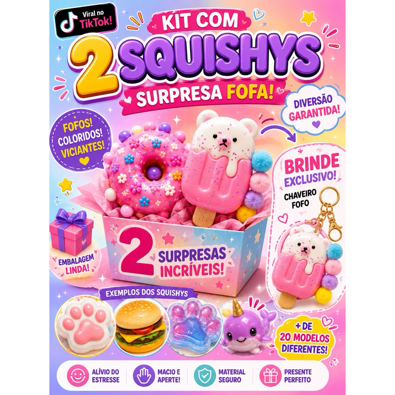 Kit 2 Squishys Surpresa Fofos + Brinde Chaveiro | Fidget Sensorial Macio Antiestresse | Modelos Sortidos