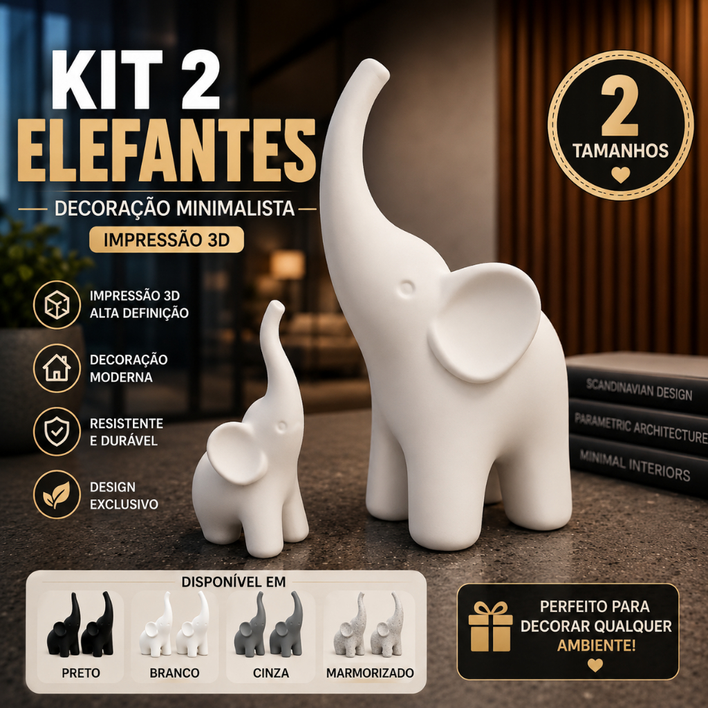 Kit 2 Elefantes Decorativos Minimalista Decoração Luxo Sala e Escritório 🐘