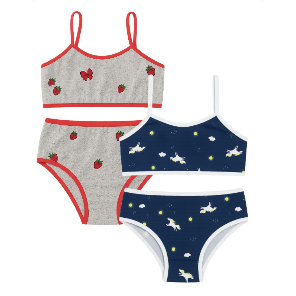 Kit 2 Conjunto Calcinha Sutiã Infantil Sem Bojo Suede Microfibra Estampada Confortável Menina