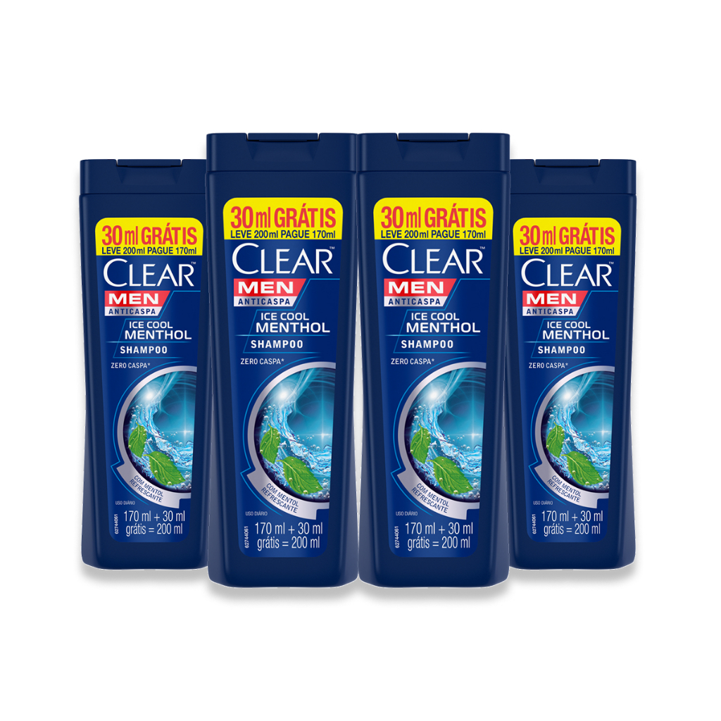 Kit 4un Shampoo Clear Men Anticaspa Ice Cool Menthol Com 200ml