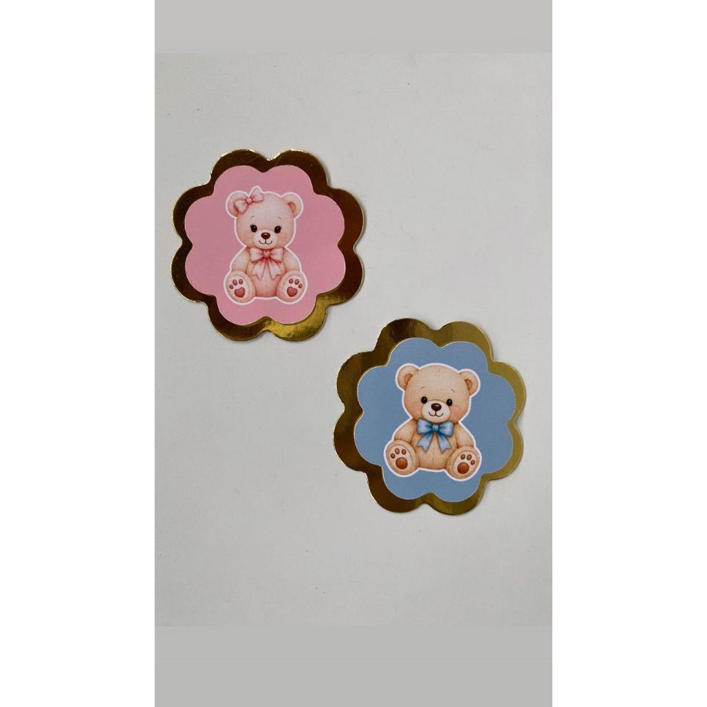 50 Apliques 3d Chá Revelação Ursinho Rosa e Azul - Fundo Dourado 6cm ideal para lembrancinhas caixinhas pirulitos
