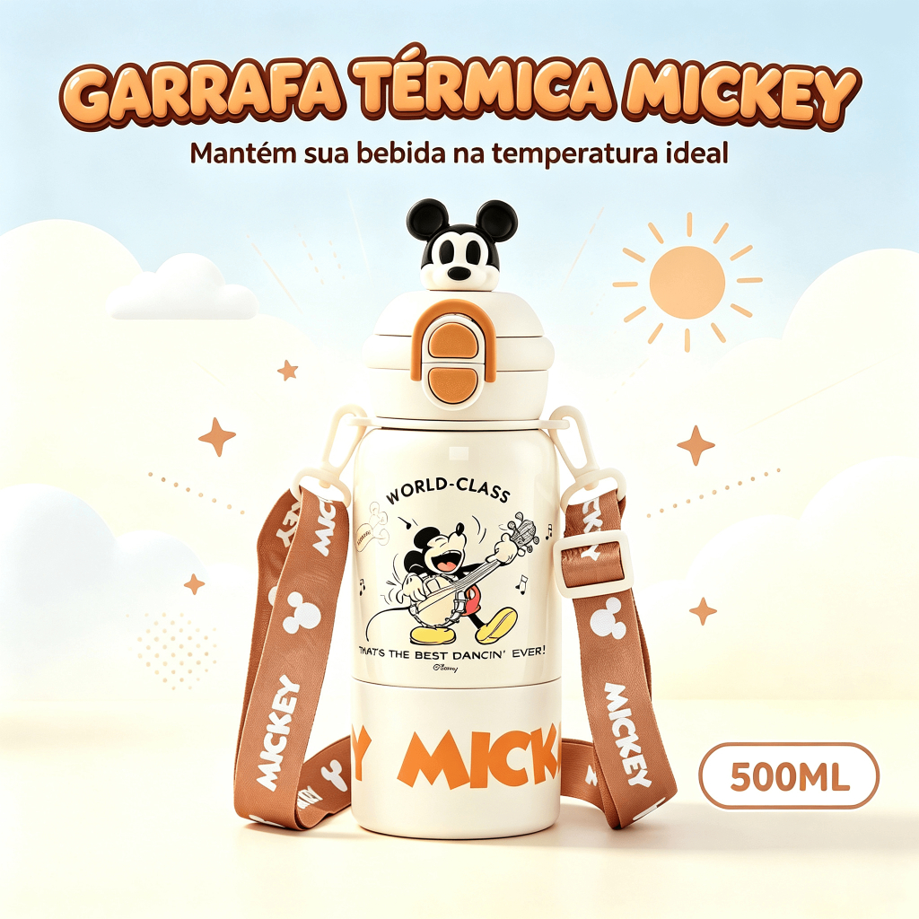 Garrafa Mickey Mouse Branca Ideal Escola Passeio Infantil Disney 500ml