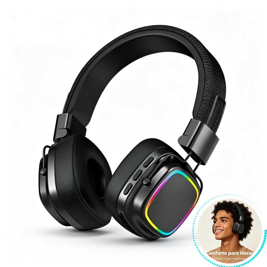 Fone de Ouvido Sem Fio Bluetooth 5.3 com LED RGB, Over Ear, USB-C, Som Potente para Música e Chamadas