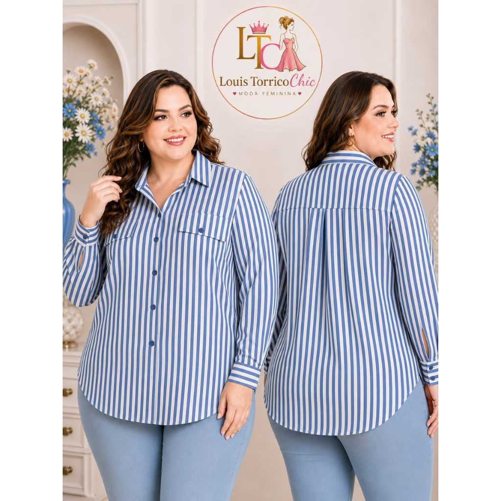 Camisa Feminina Plus Size Listrada Viscolinho Casual Social Moda Plus Curve Manga Longa G1 G2 G3 Elegante Confortável