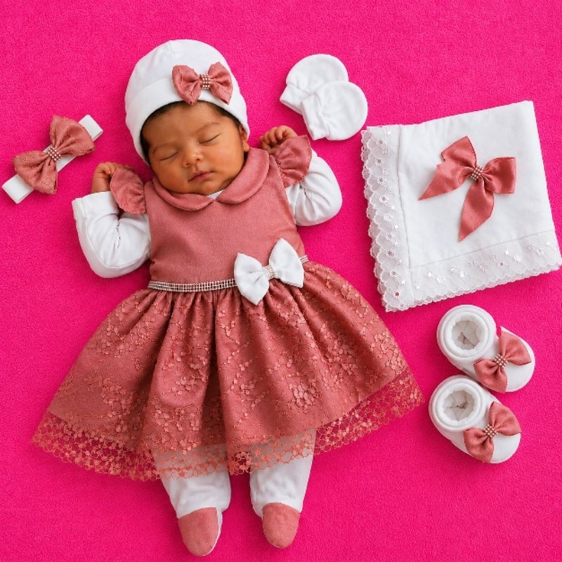 Saída de Maternidade Menina Luxo Rosa Seco Vestido Macacão Bebê RN