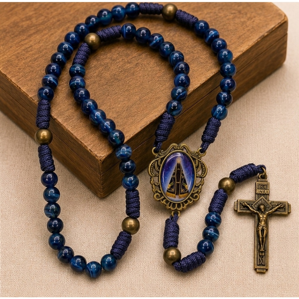 Terço de Nossa Senhora Aparecida Artesanal Católico com Medalha - Feito à Mão - Presente Religioso