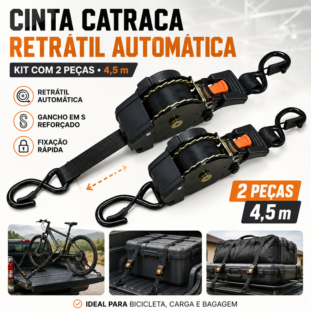 2KIT Cinta Para Carga Catraca Automática 800kg 4.5m, p/ Caminhão Reboque Moto, Retrátil Eficiente