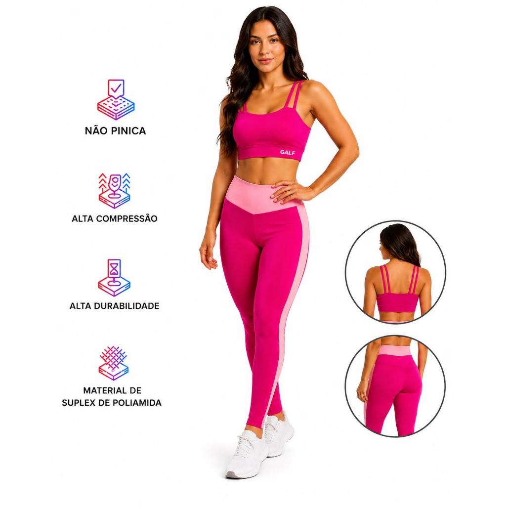 Conjunto Fitness Legging Bicolor com Bolso no Cós + Top Fitness Academia Zero Transparência e Alta Sustentação