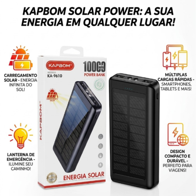 Power Bank Solar 10000mAh KA-9610 Carregador Portátil com Lanterna USB