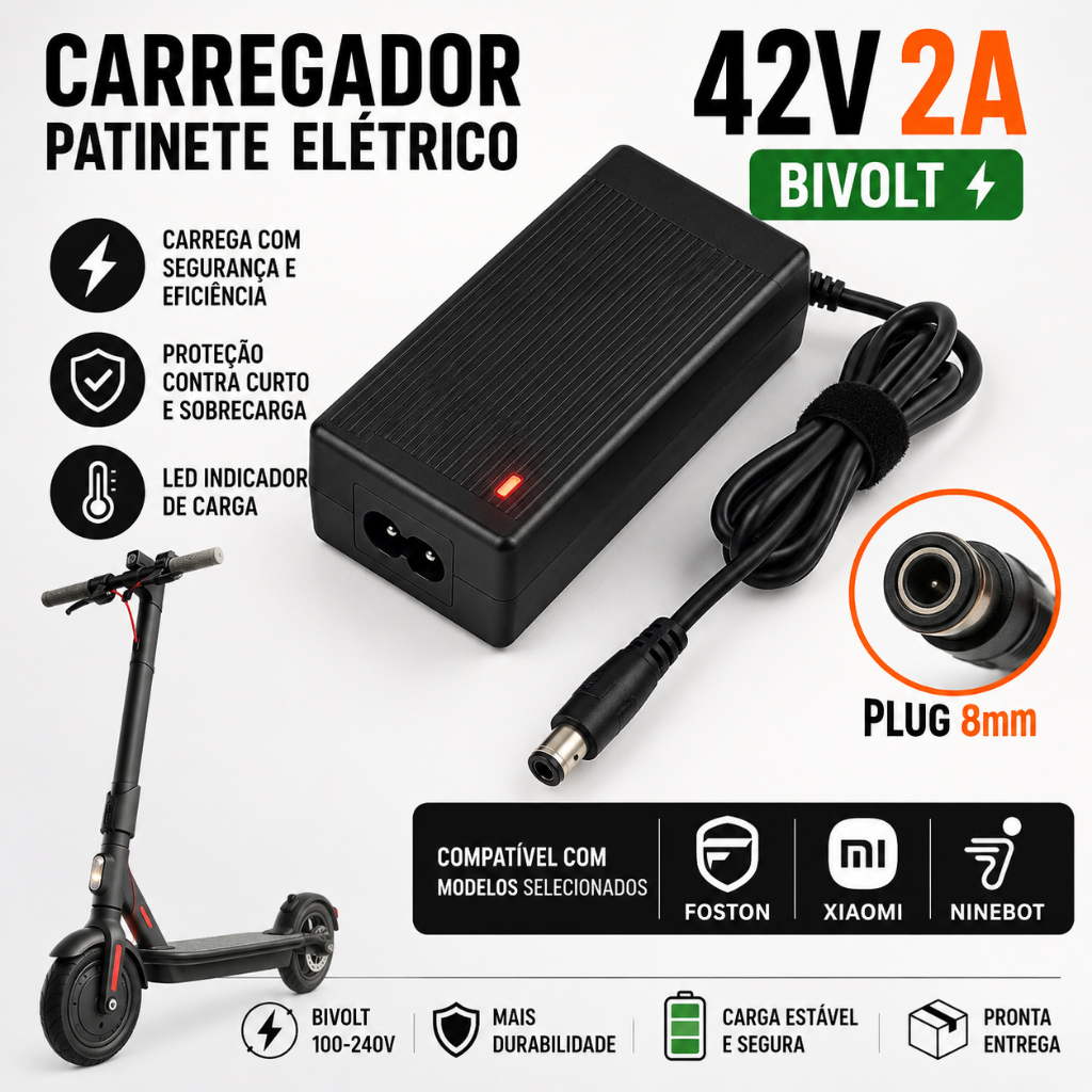 Fonte Carregador Patinete Elétrico 42V 2A Bivolt Plug 8mm Foston Xiaomi Pronta E