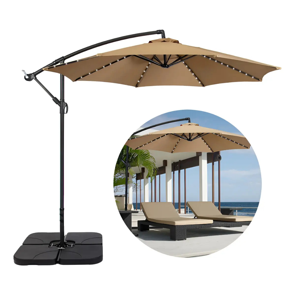 Ombrelone Guarda-sol Lateral 3 Metros com Led e Base 60L Praia Jardim Piscina Revomax