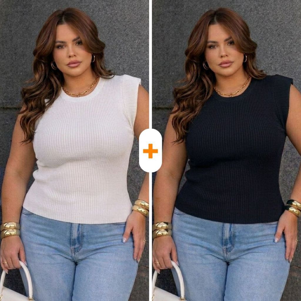 kit 2 Blusas Feminina Muscle tee Plus Size Ribana Canelada Gola Redonda Básica Social