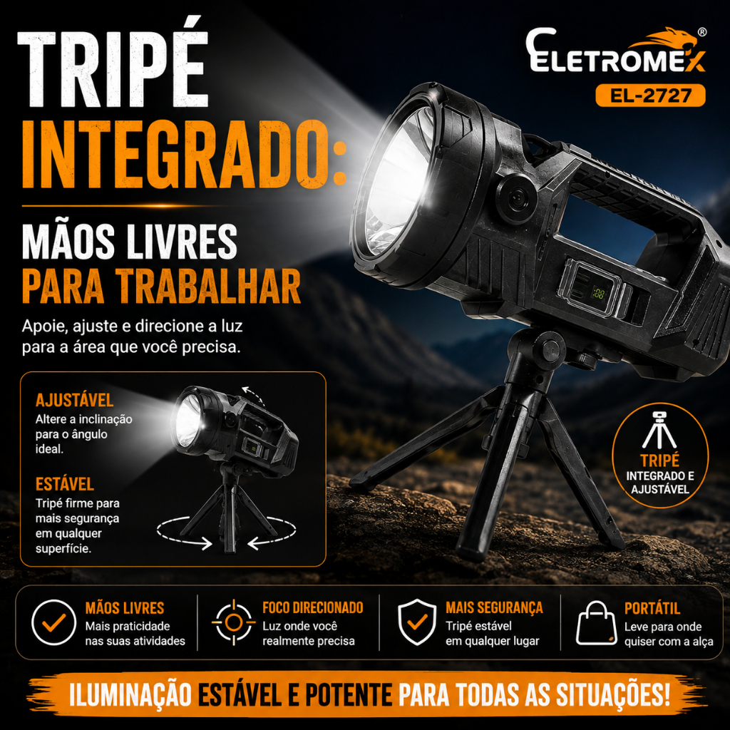 Lanterna LED Recarregável 15W com Tripé Alça USB 4 Modos SOS Camping Eletromex EL-2727
